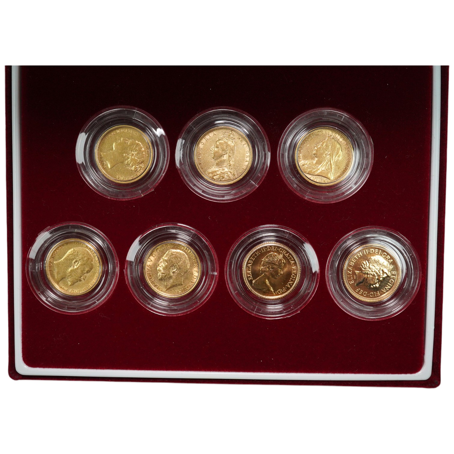 British gold coins, seven half sovereigns, Victoria to Elizabeth II, cased Royal Mint issue ‘The half sovereign portrait collection’ 86/537, comprising 1883 F, 1892 near VF, 1894 near VF, 1907 VF, 1911 VF, 1980 UNC, 2001